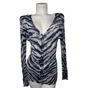 Alberto Makali Zebra Print Studded Rhinestone Zip Front Ribbed Knit Top XL Navy